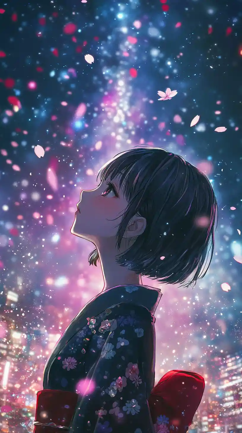 仰望發光宇宙星空的和服動漫少女