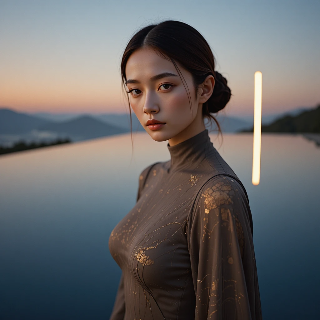 Koreanische Frau in skulpturalem Kleid an einem reflektierenden Infinity-Pool
