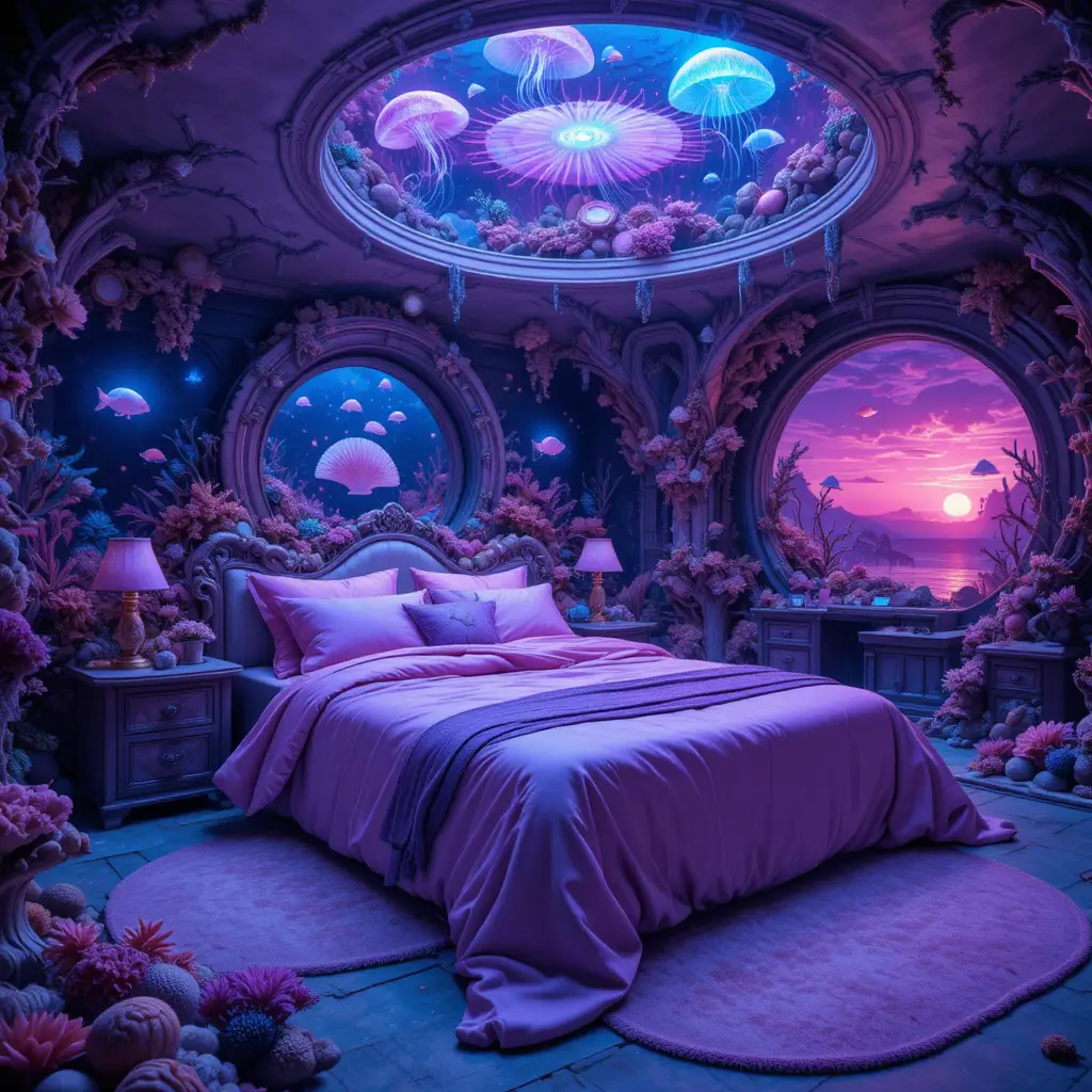Dormitorio Submarino Futurista con Ambiente de Medusas Luminosas