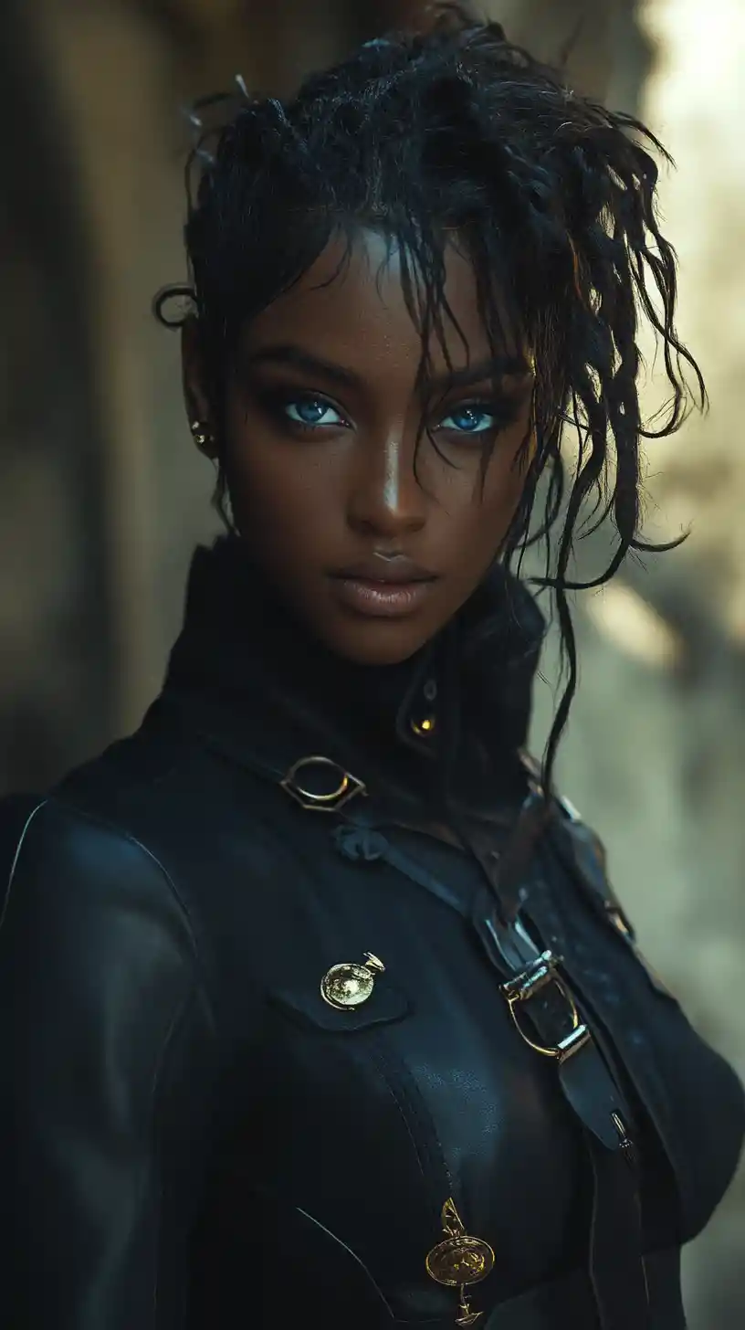 Anime-Heldin mit Zöpfen in einer dunklen Steampunk-Stadt