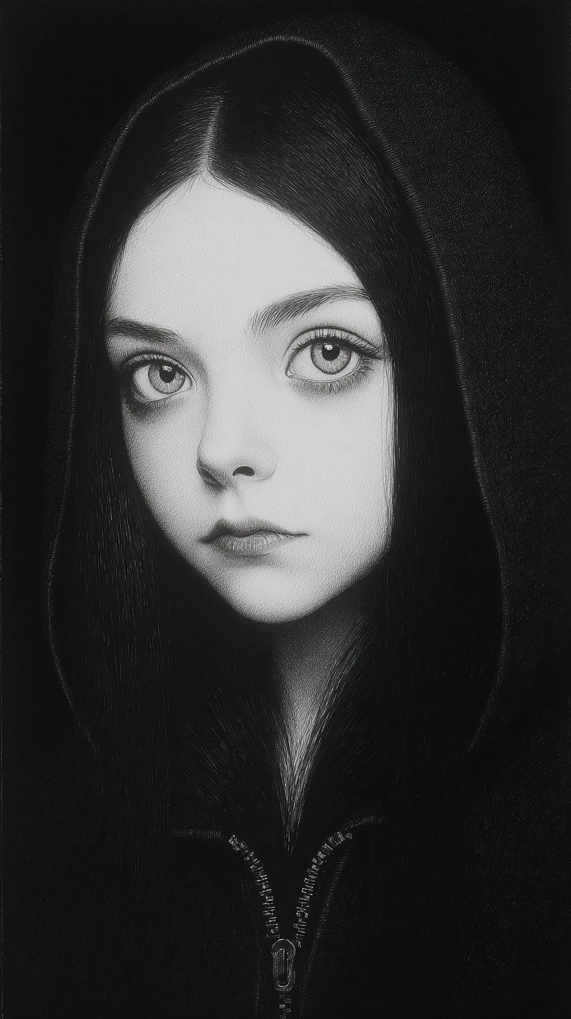 Monochrome graphite portrait of a mysterious young girl