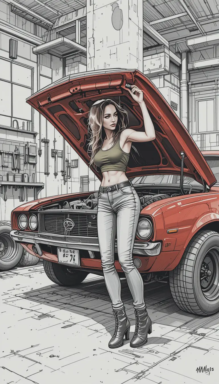 Young mechanic lifting the hood of a red muscle car