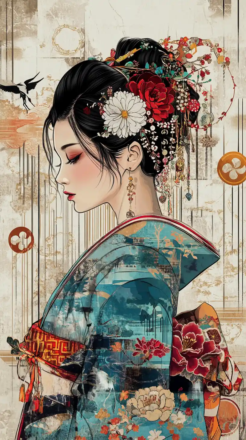 Elegant East Asian woman in ornate floral kimono portrait