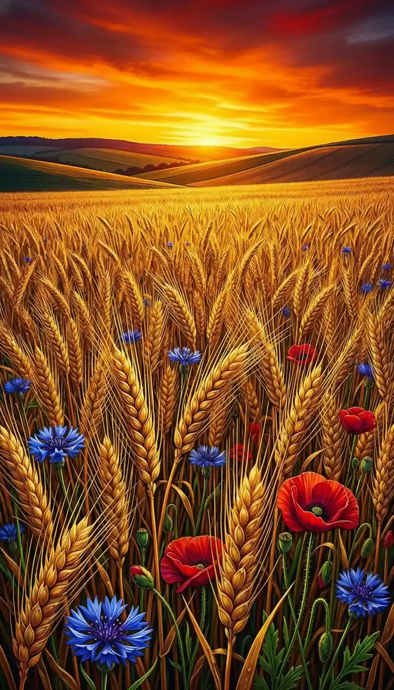 Campo de trigo dorado bajo un cielo de atardecer ardiente