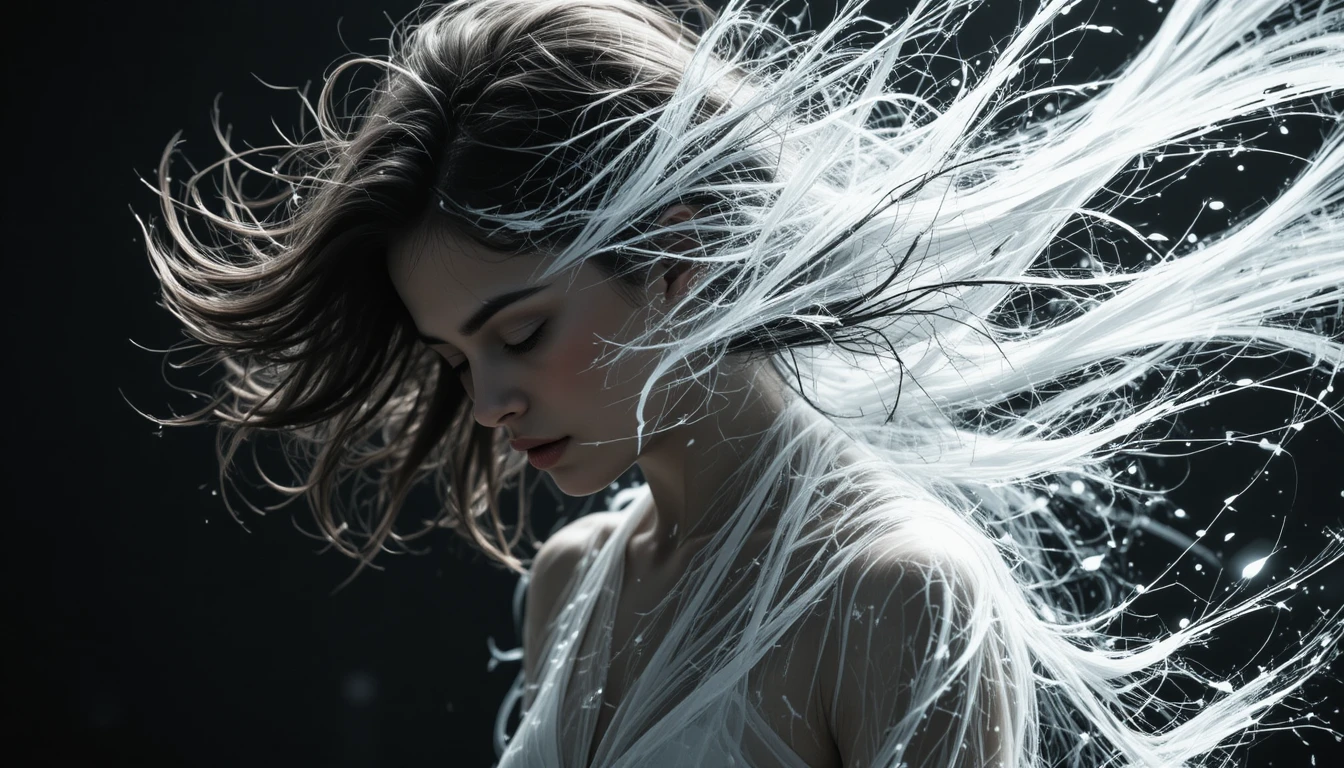 Young woman in dramatic ink drawing with sweeping wind