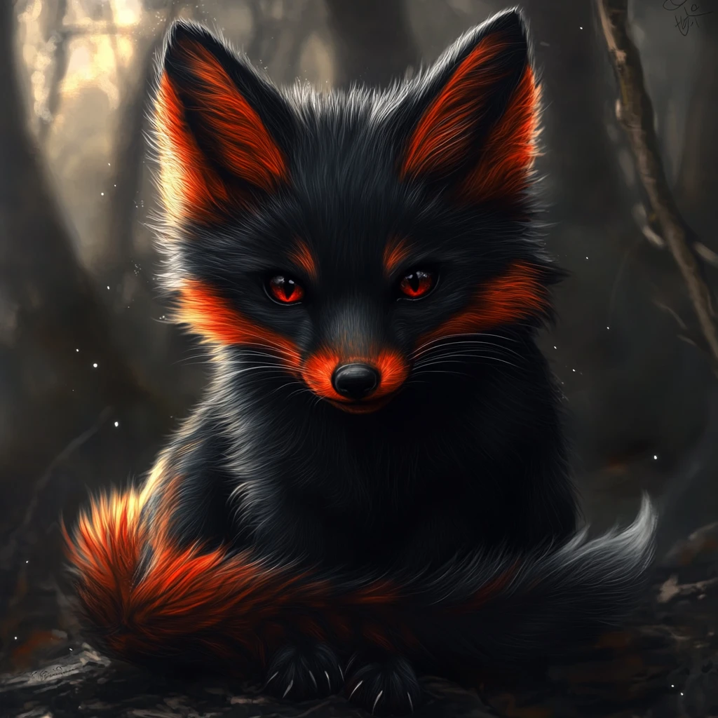 Süße dunkle gotische schwarze und rote Fuchs-Digitalillustration