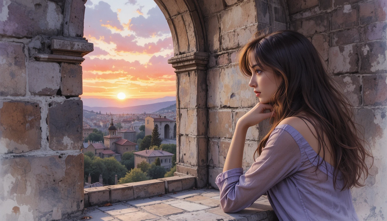 Giovane donna di profilo a una finestra ad arco al tramonto