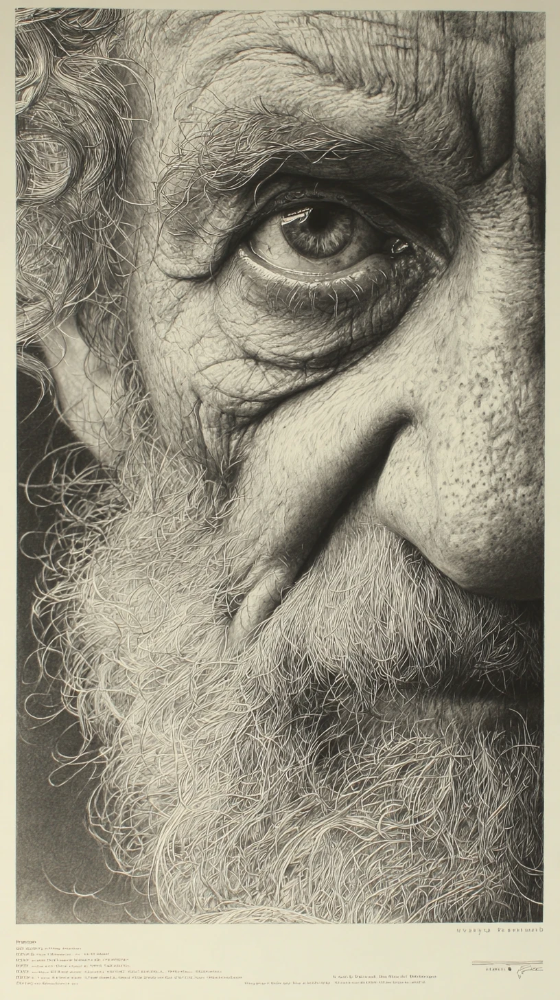 Ritratto in grafite di anziano in drammatico chiaroscuro, primissimo piano