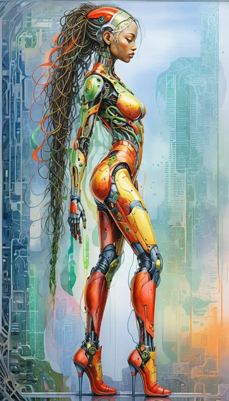 Femme cybernétique futuriste de profil en armure biomécanique vibrante