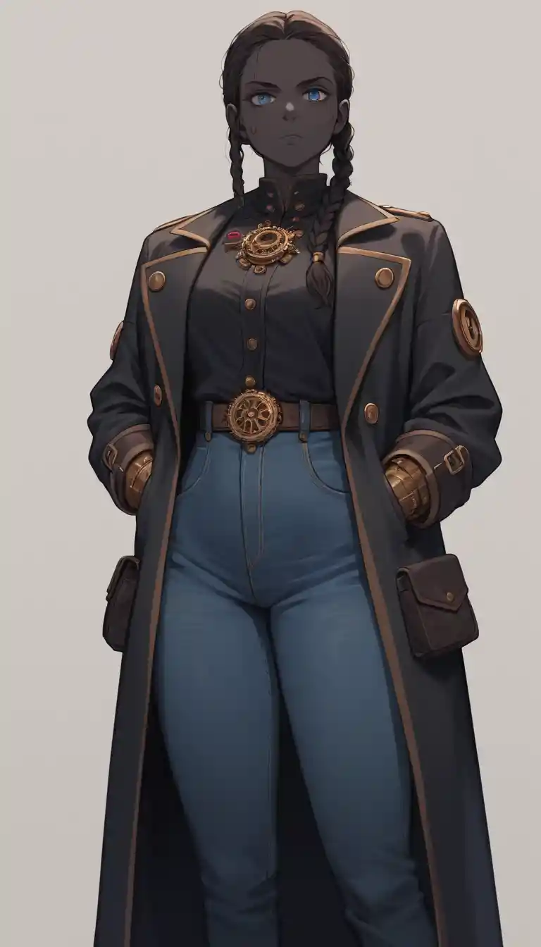Geflochtene schwarze Heldin in einer cineastischen Anime-Steampunk-Szene