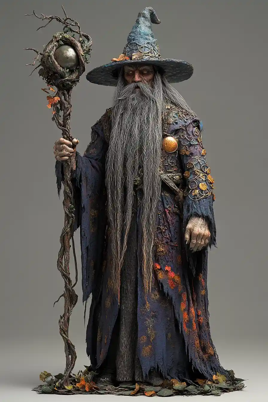 Sinister 3D wizard with staff on plain gray background