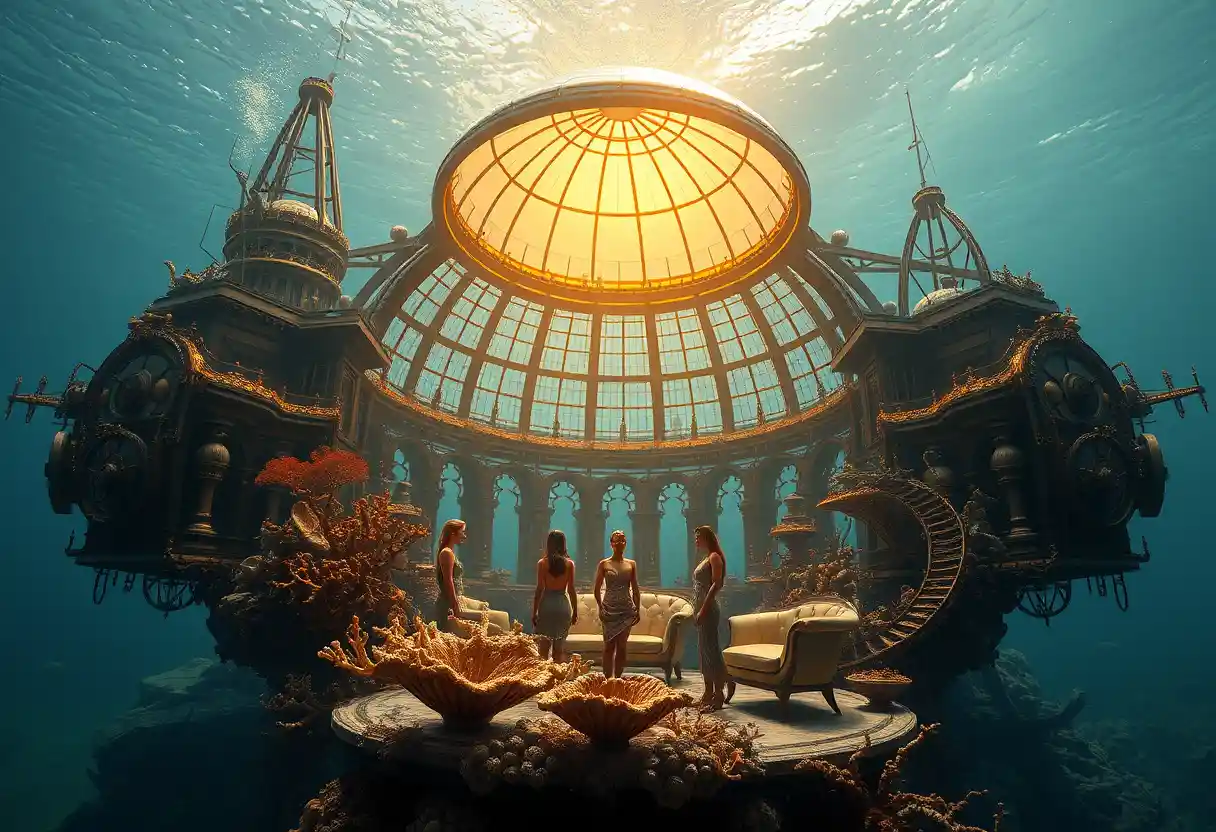 Città sottomarina steampunk con padiglione a cupola luminosa