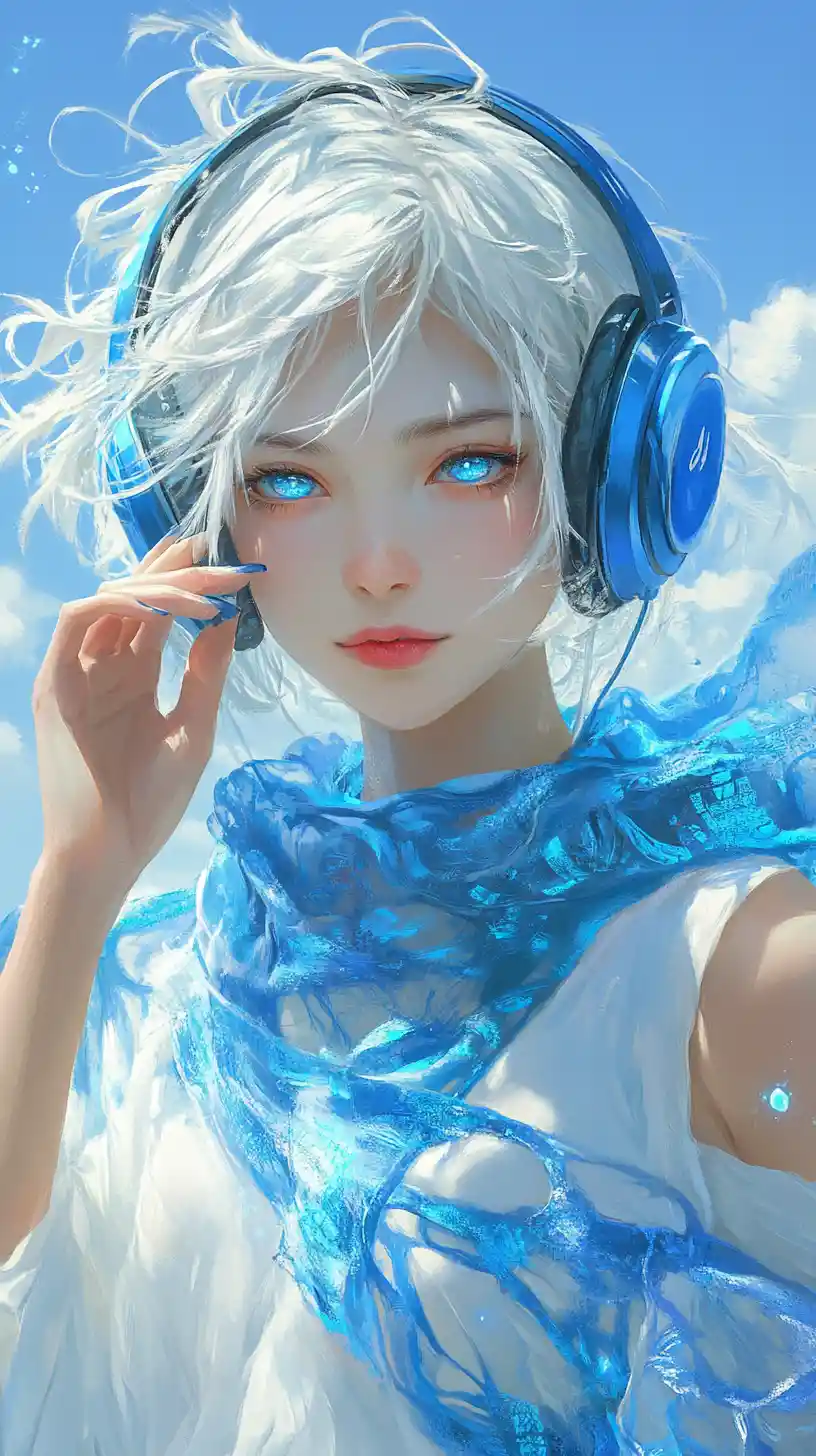 Anime-Mädchen mit blauen Haaren und Kopfhörern unter hellem Himmel