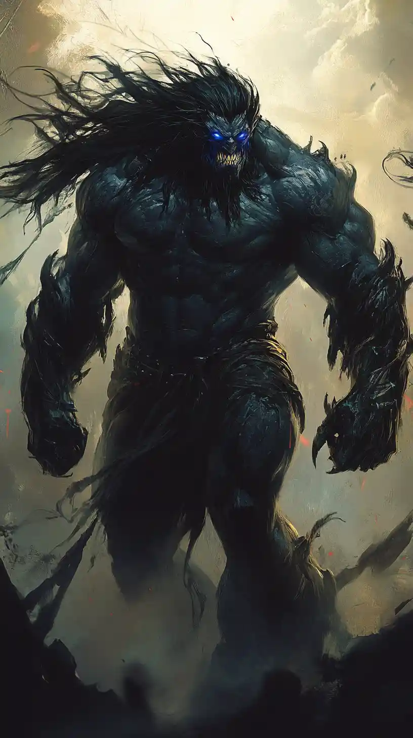 Monstrous titan like creature in dark swirling energy