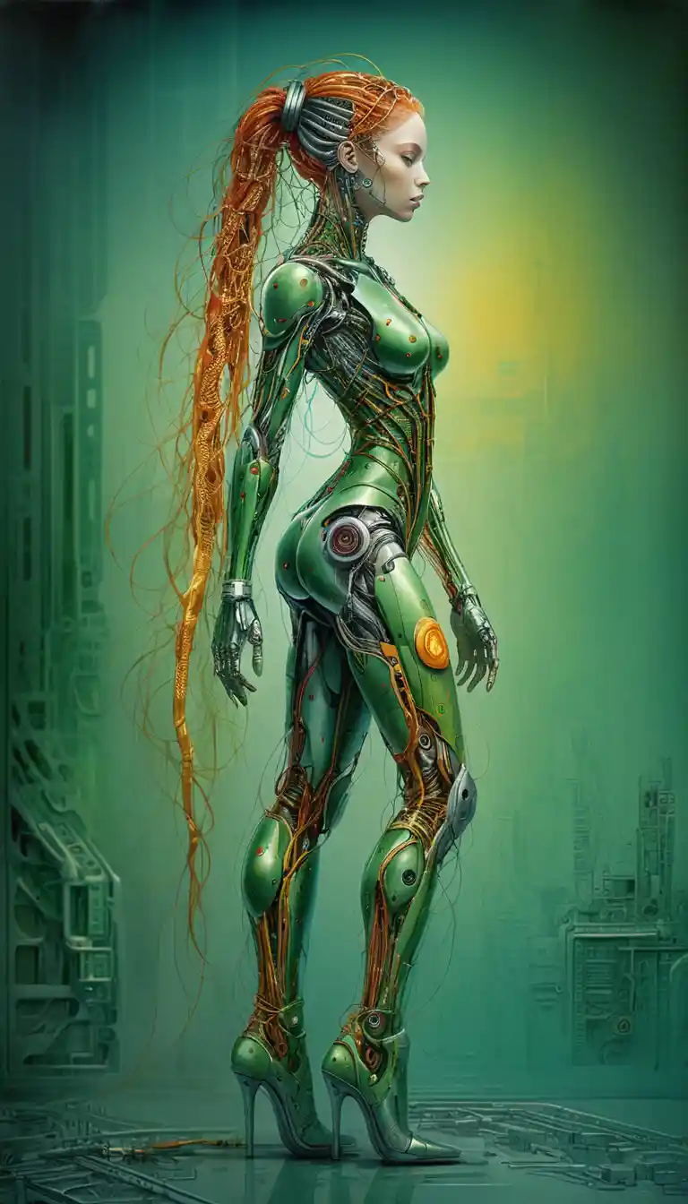 Mulher cibernética futurista em elegante perfil biomecânico