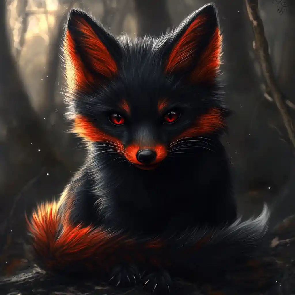 Cute dark gothic black and red fox digital illustration