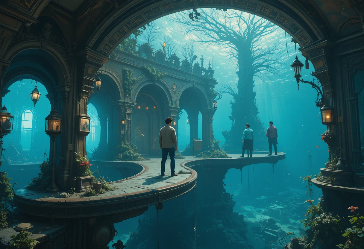Surreal steampunk underwater dome filled with distant people