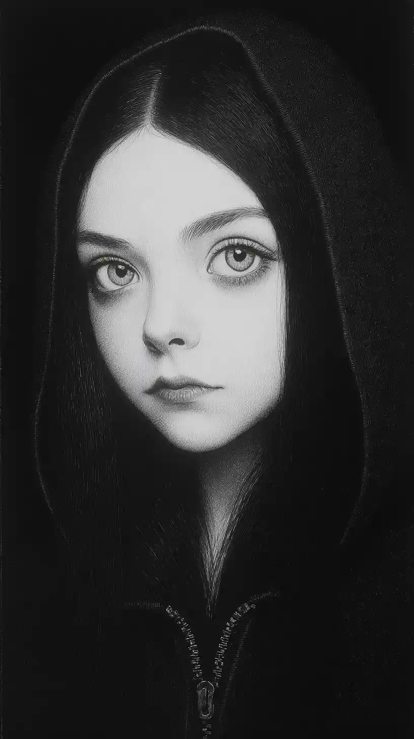 Portrait monochrome au graphite d’une jeune fille mystérieuse