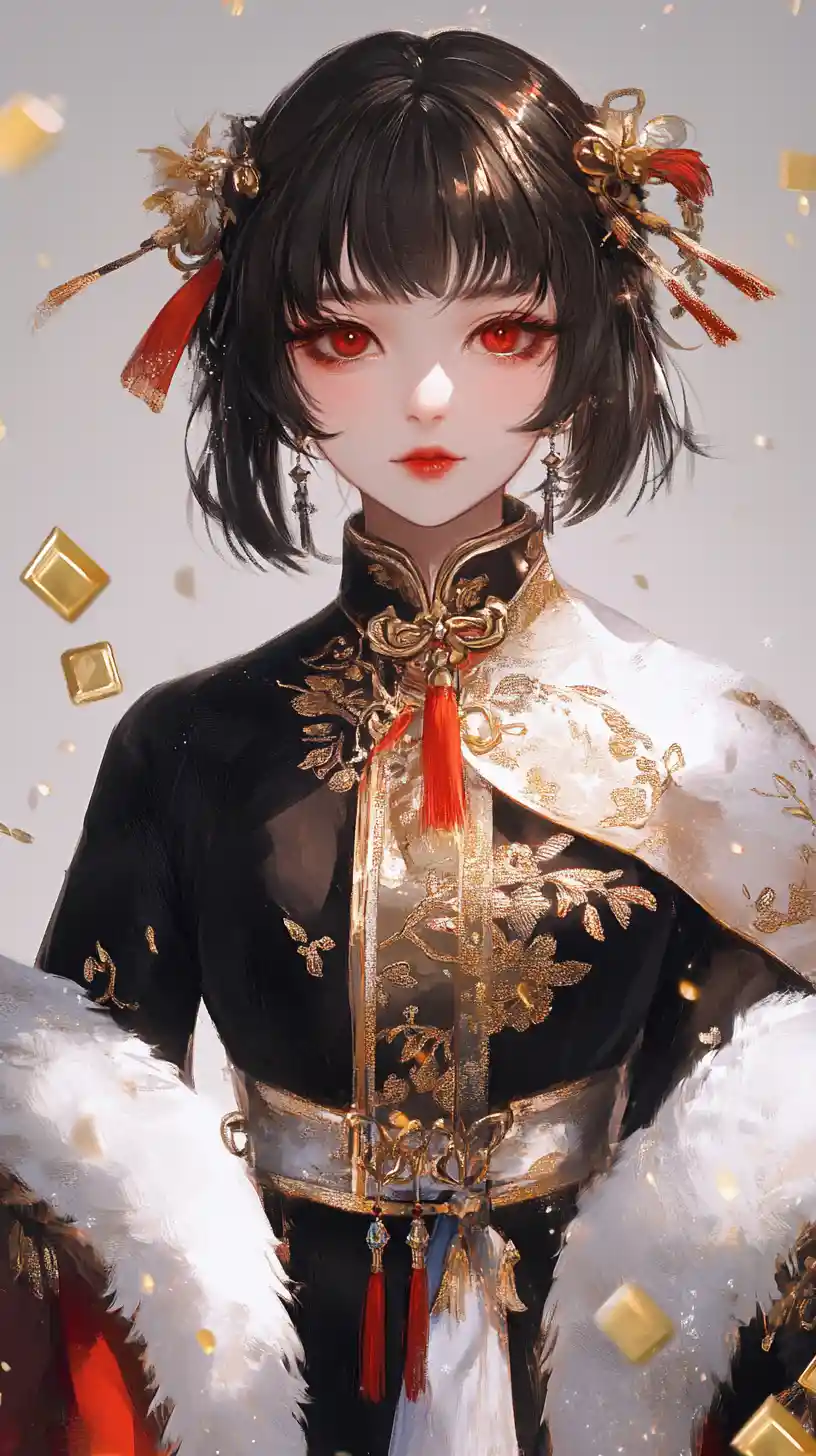 Elegante ragazza anime in sontuoso abito festivo nero e oro