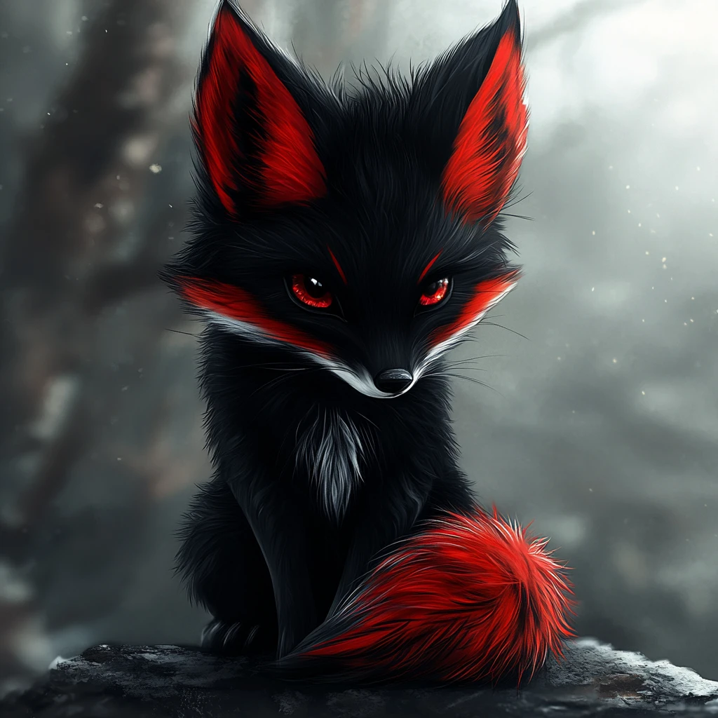 Dolce illustrazione digitale di una volpe nera e rossa in stile dark gotico