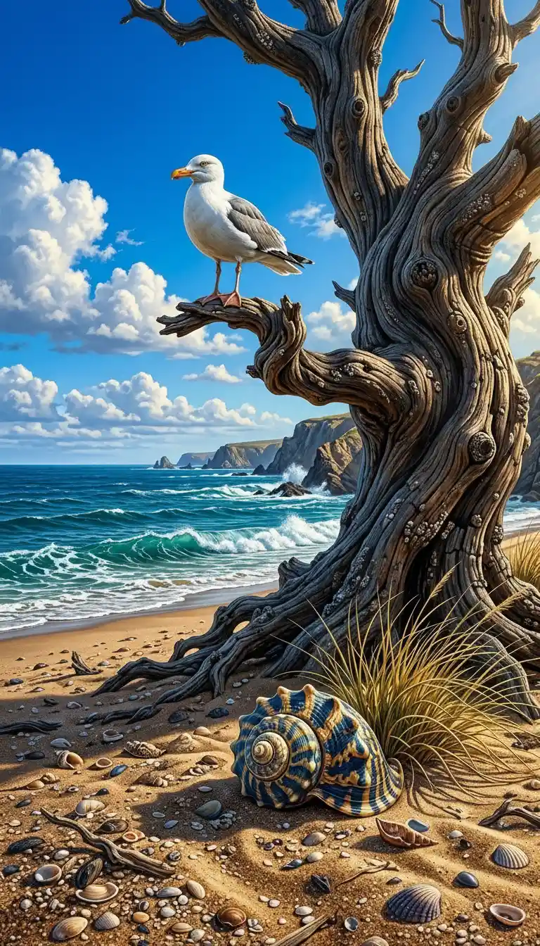 Seagull On Driftwood Overlooking A Bright Sandy Beach