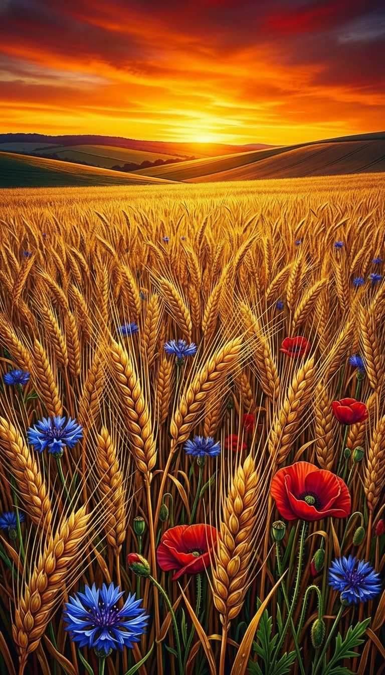 Campo di grano dorato sotto un cielo infuocato al tramonto