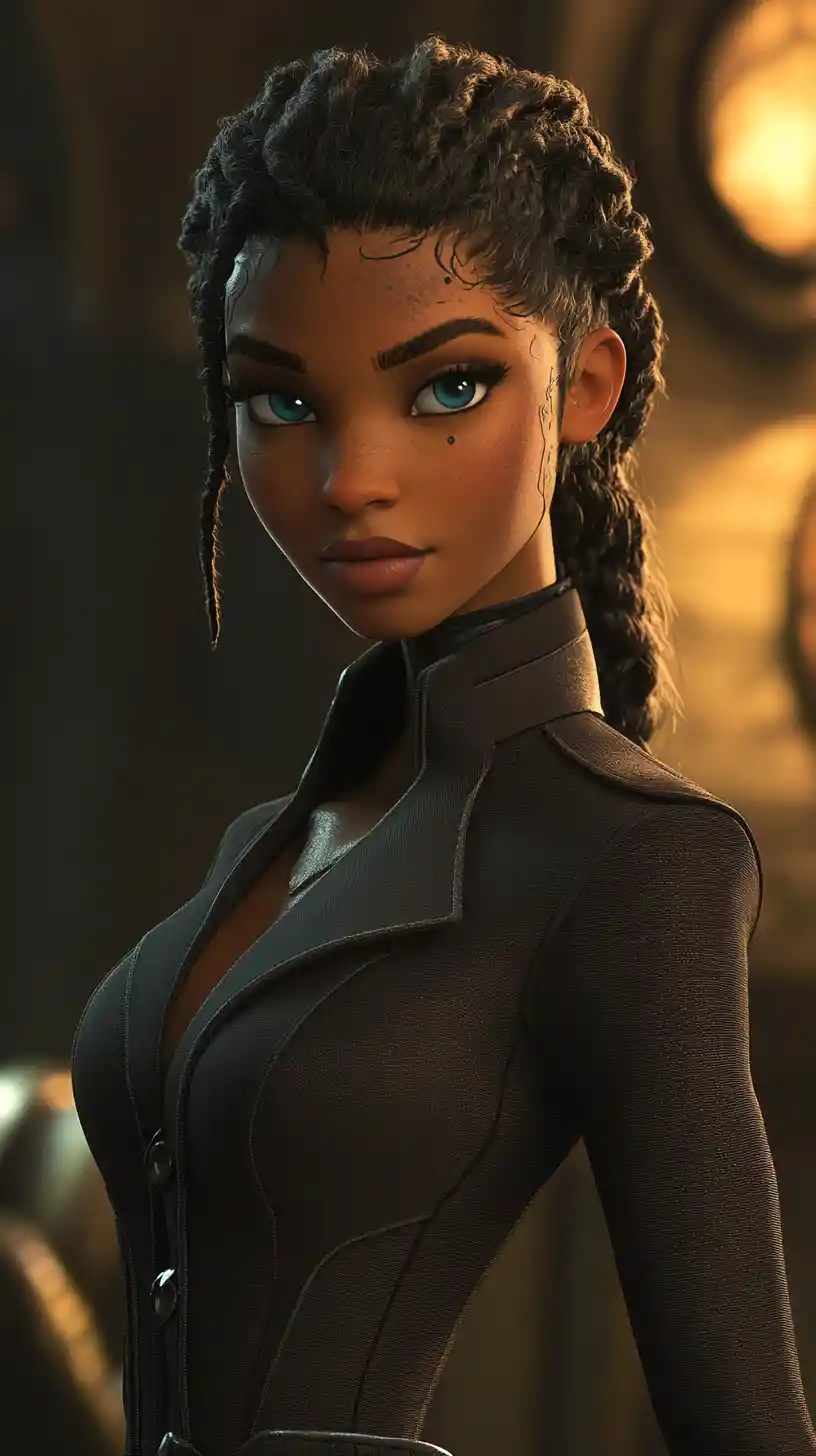 Confident anime heroine in a dark steampunk city