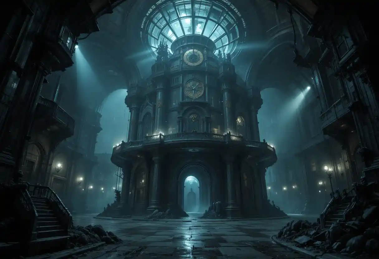 Cidade submarina surreal steampunk com arquitetura em cúpulas