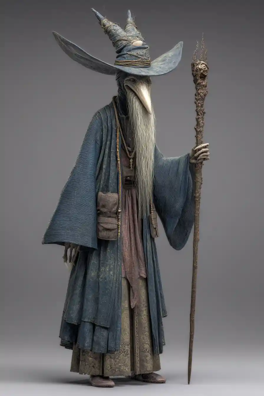 Sinister 3D wizard holding a staff on gray background