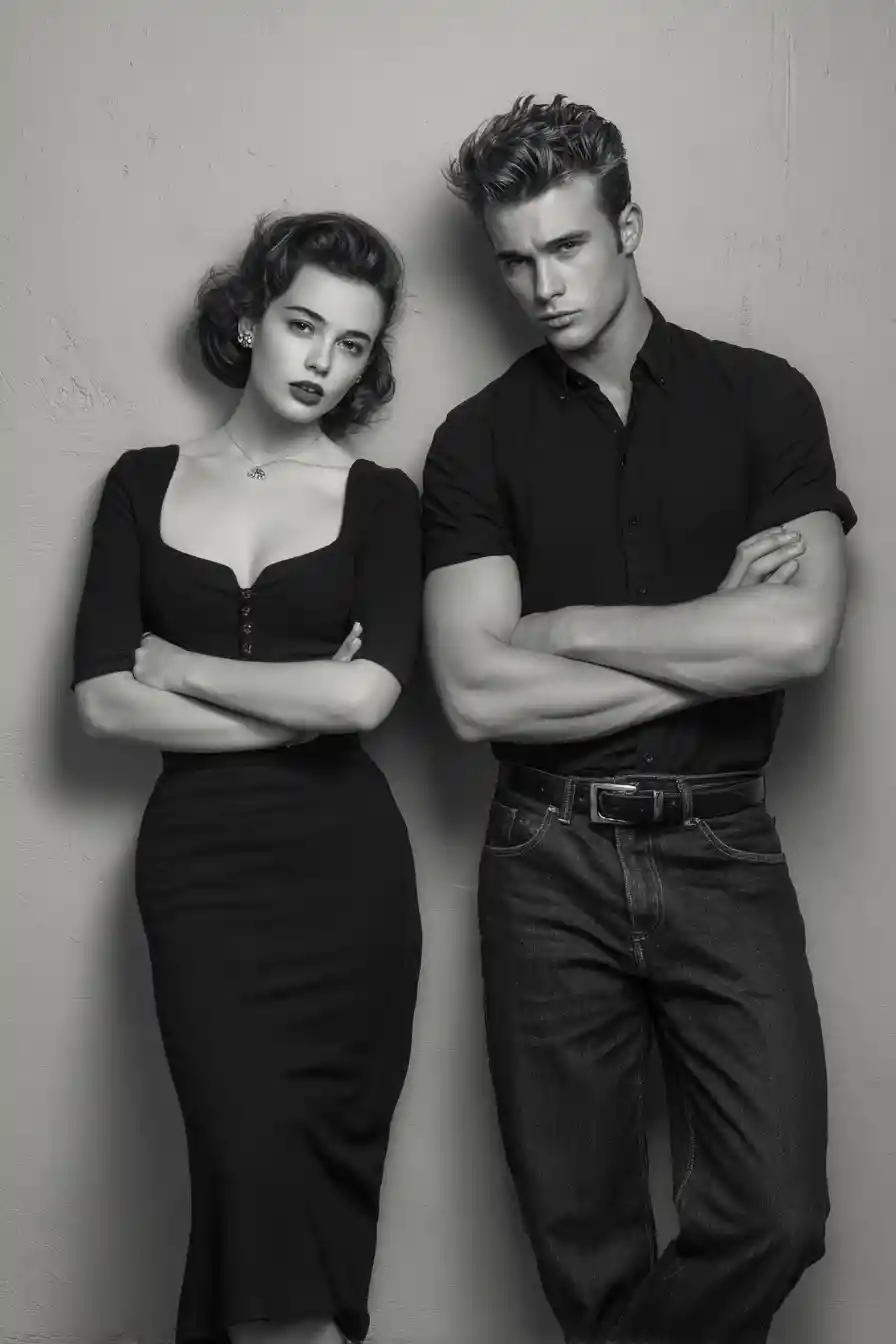 Stylish couple inspired by Grease in cinematic portrait