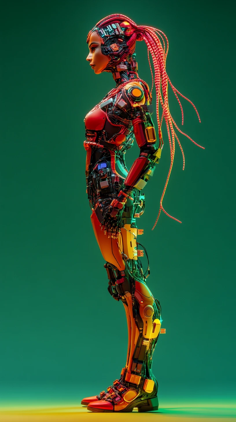 Futuristic cybernetic woman in vibrant biomechanical armor profile