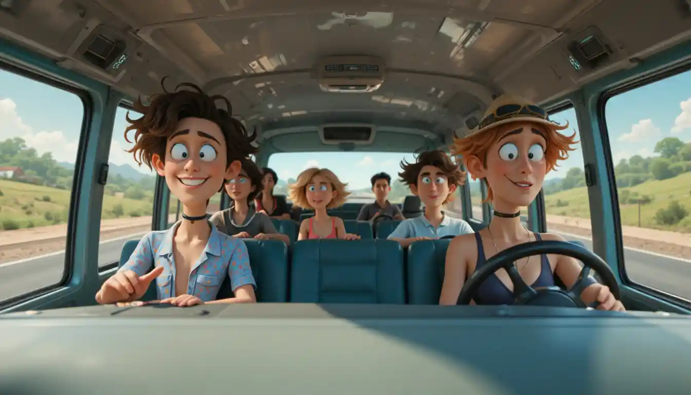 Verspielte Urlaubsbusszene im Pixar-Stil auf sonniger Autobahn