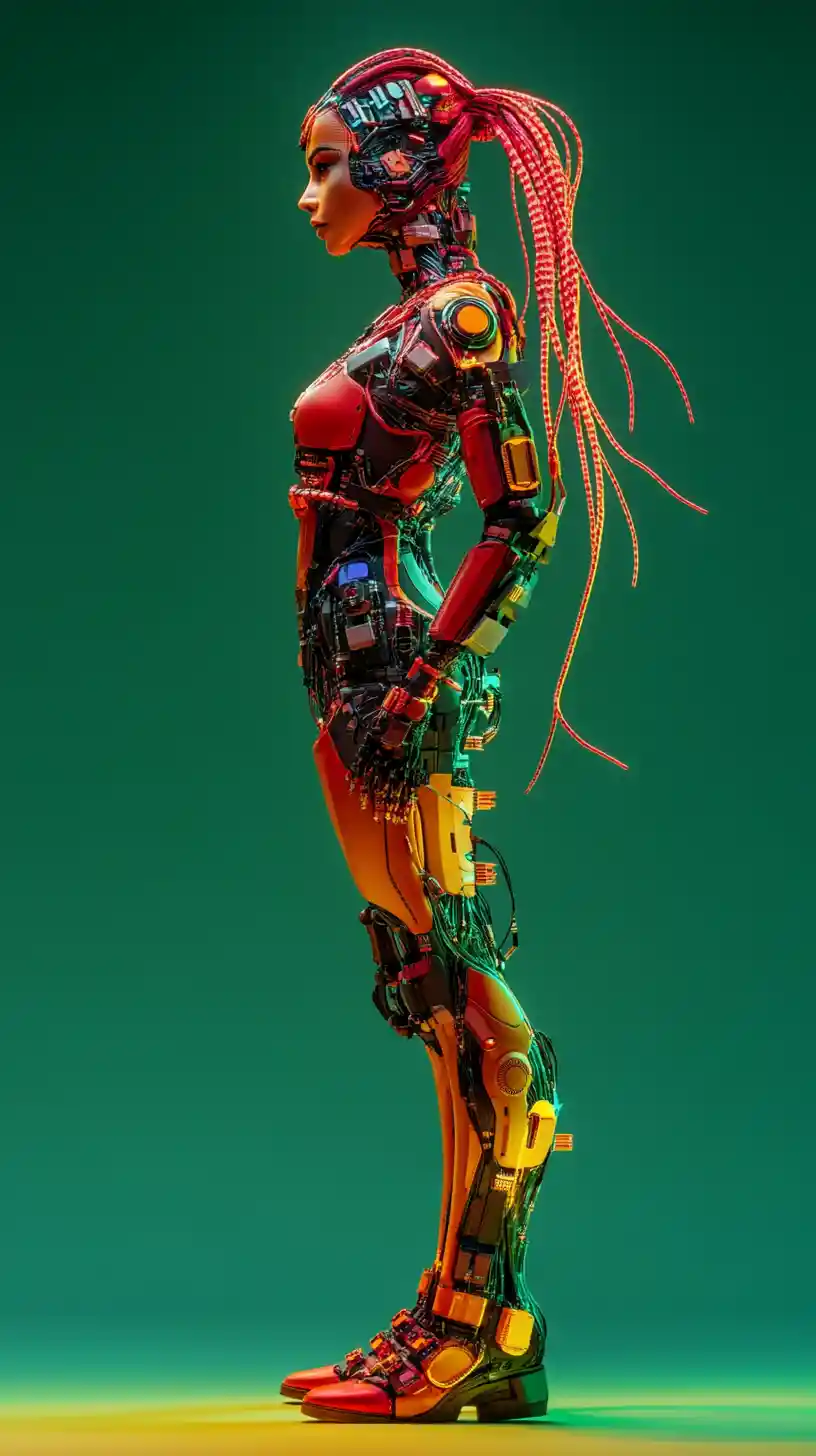 Futuristic cybernetic woman in vibrant biomechanical armor profile