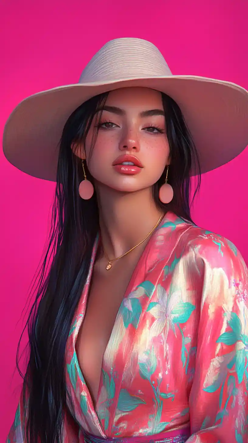 Giovane donna in vestaglia kimono rosa su sfondo rosa