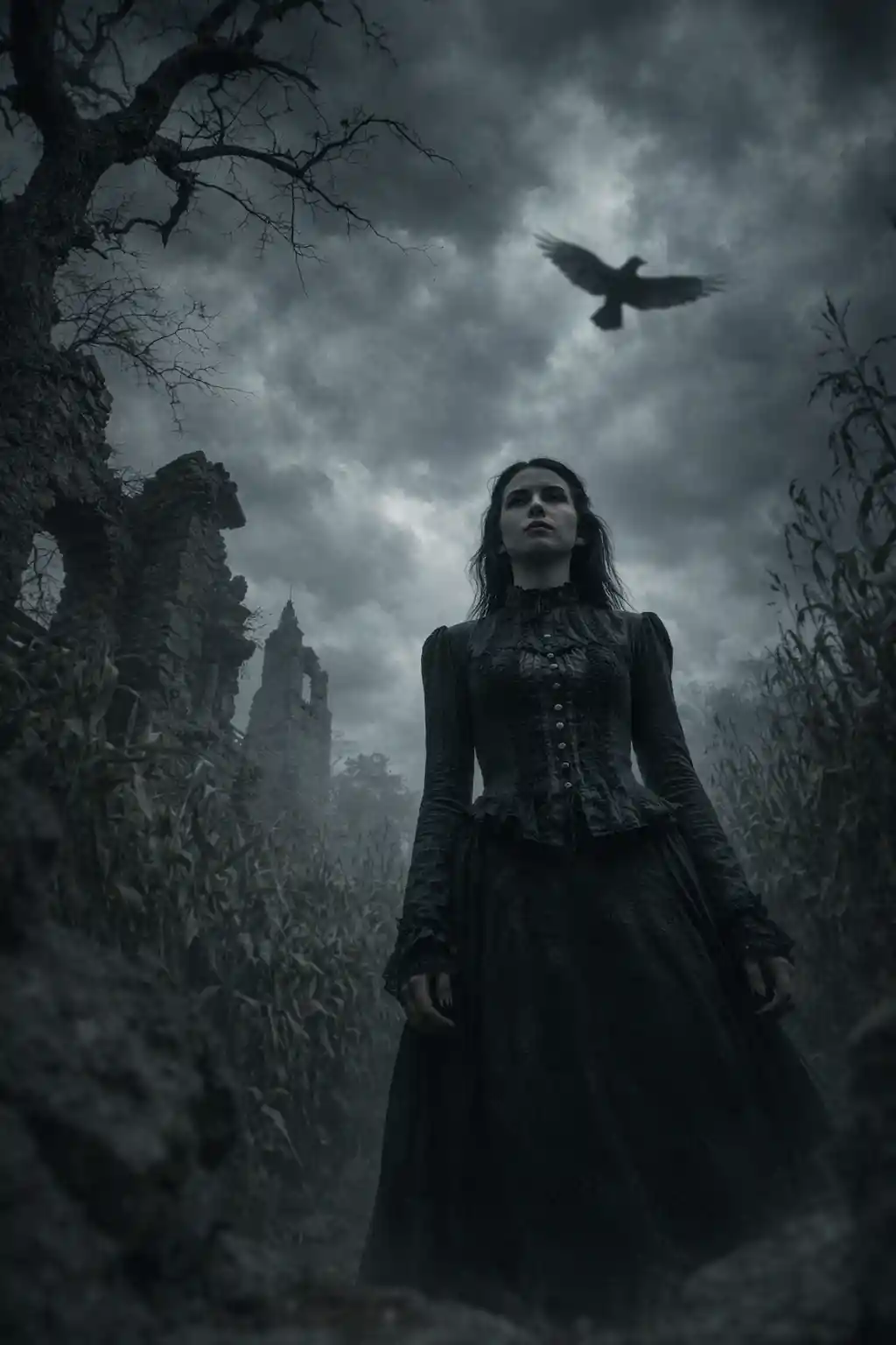 Gothic-Frau steht in einem überwucherten Maisfeld unter Sturmwolken