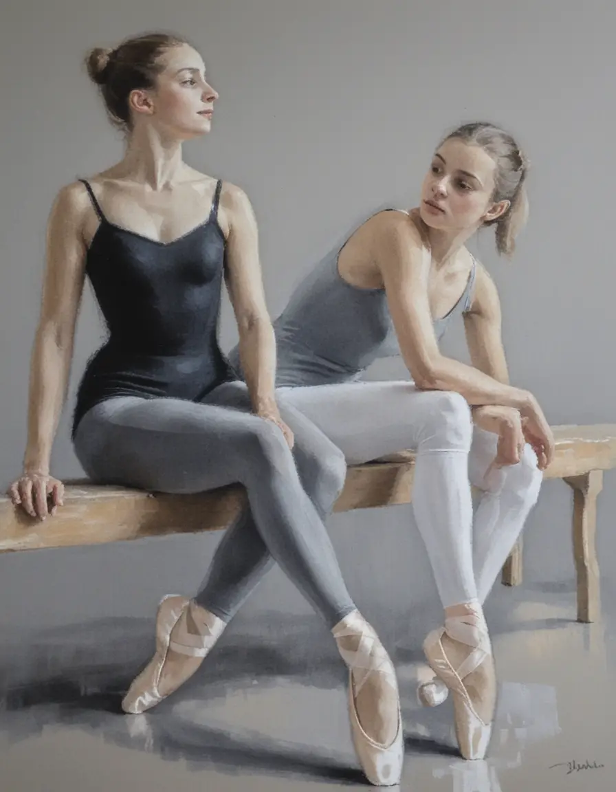 Duas jovens bailarinas descansando em um banco de madeira