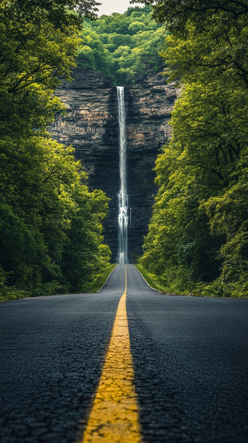 Serene Forest Road Leading Toward A Majestic Waterfall