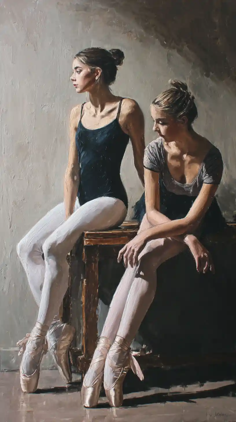 Two young ballerinas resting on a wooden bench