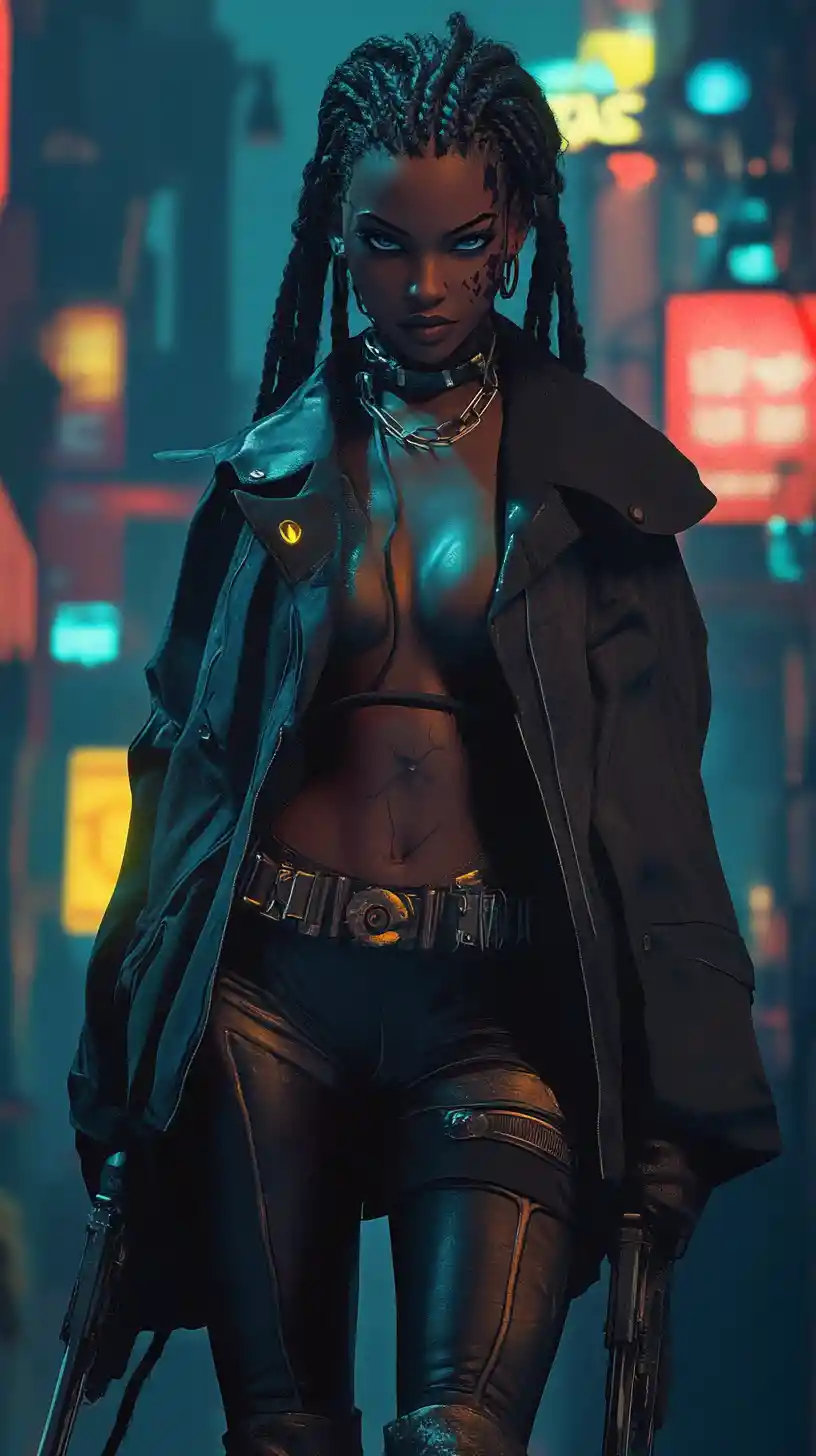 Eroina nera sicura di sé in stile guerriera steampunk anime