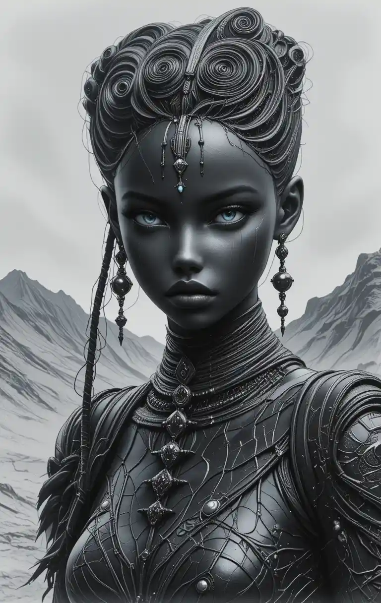 Retrato de mulher tribal sci-fi com pele escura de obsidiana