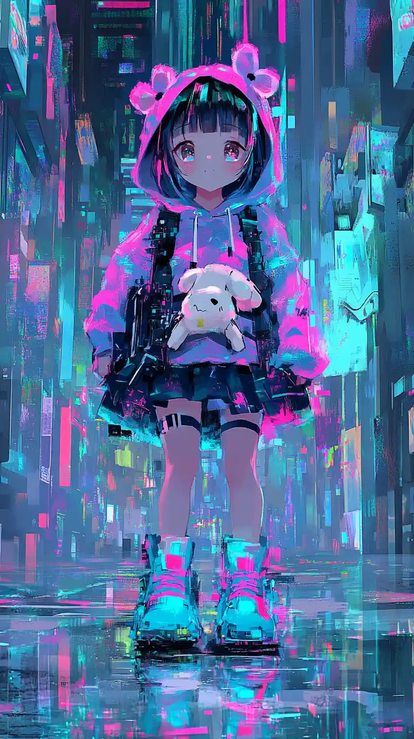 Chibi cyberpunk girl in neon glitch digital chaos