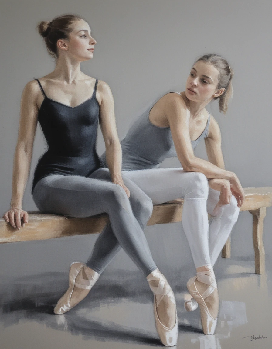 Due giovani ballerine che riposano su una panca di legno