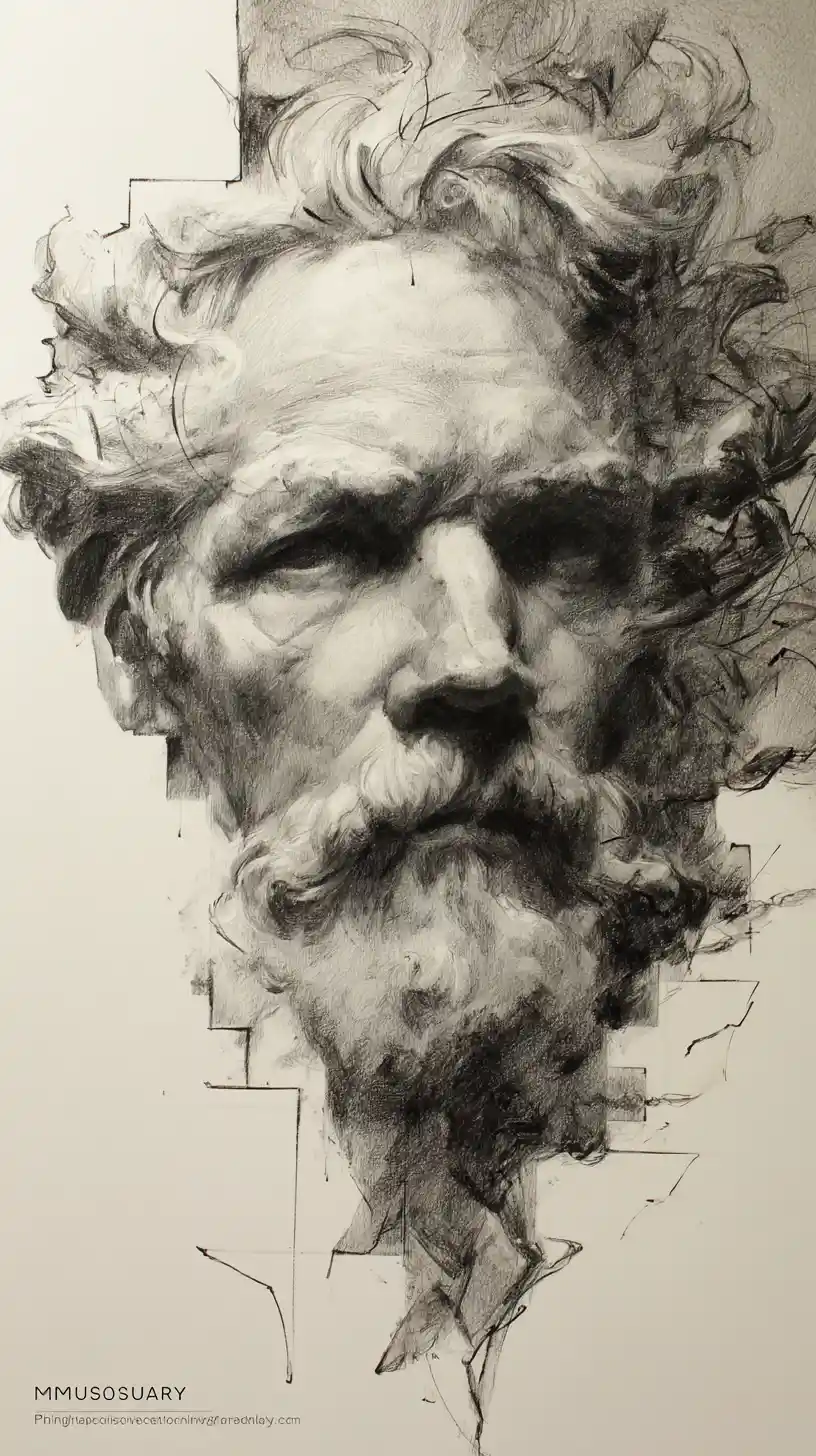 Aged male portrait in dramatic chiaroscuro charcoal drawing
