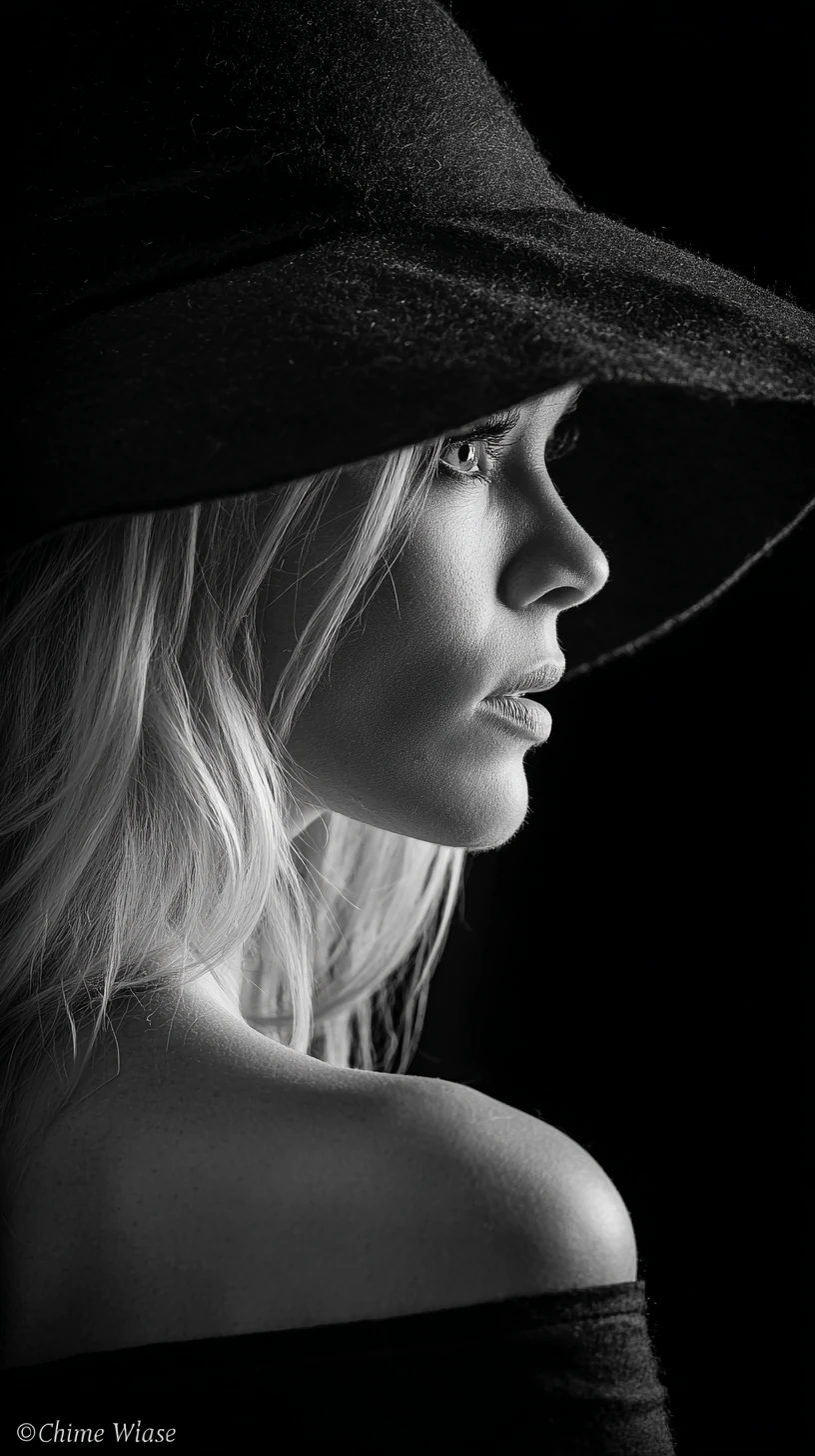 Monochrome close up profile of an elegant woman in shadow