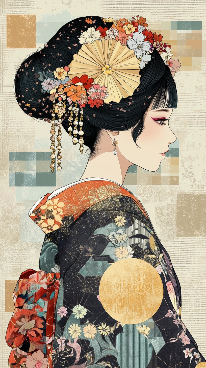Profilo stilizzato di geisha in kimono floreale ornato - illustrazione