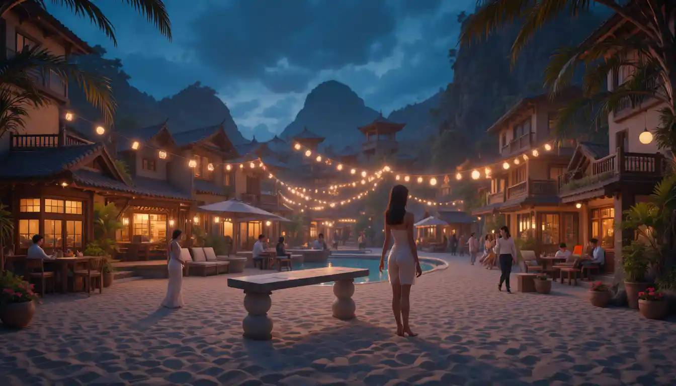 Des personnes joyeuses font la fête dans un paradis de plage illuminé au néon
