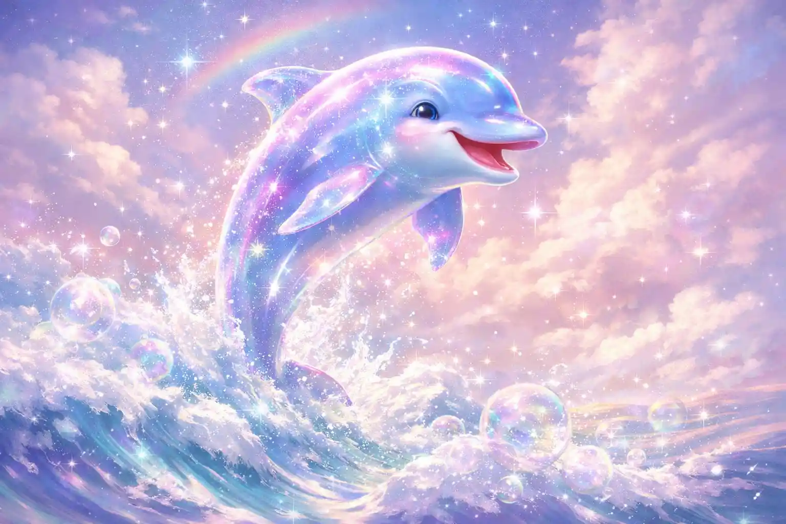Joyful holographic dolphin leaping from pastel bubbly waves