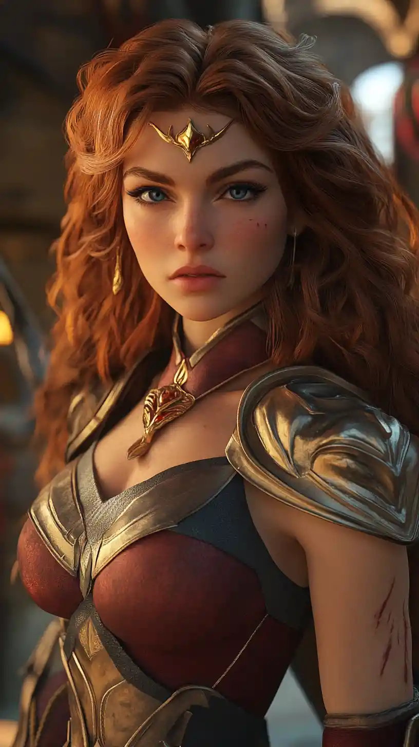 Heroína guerreira de anime firme em paisagem urbana sombria