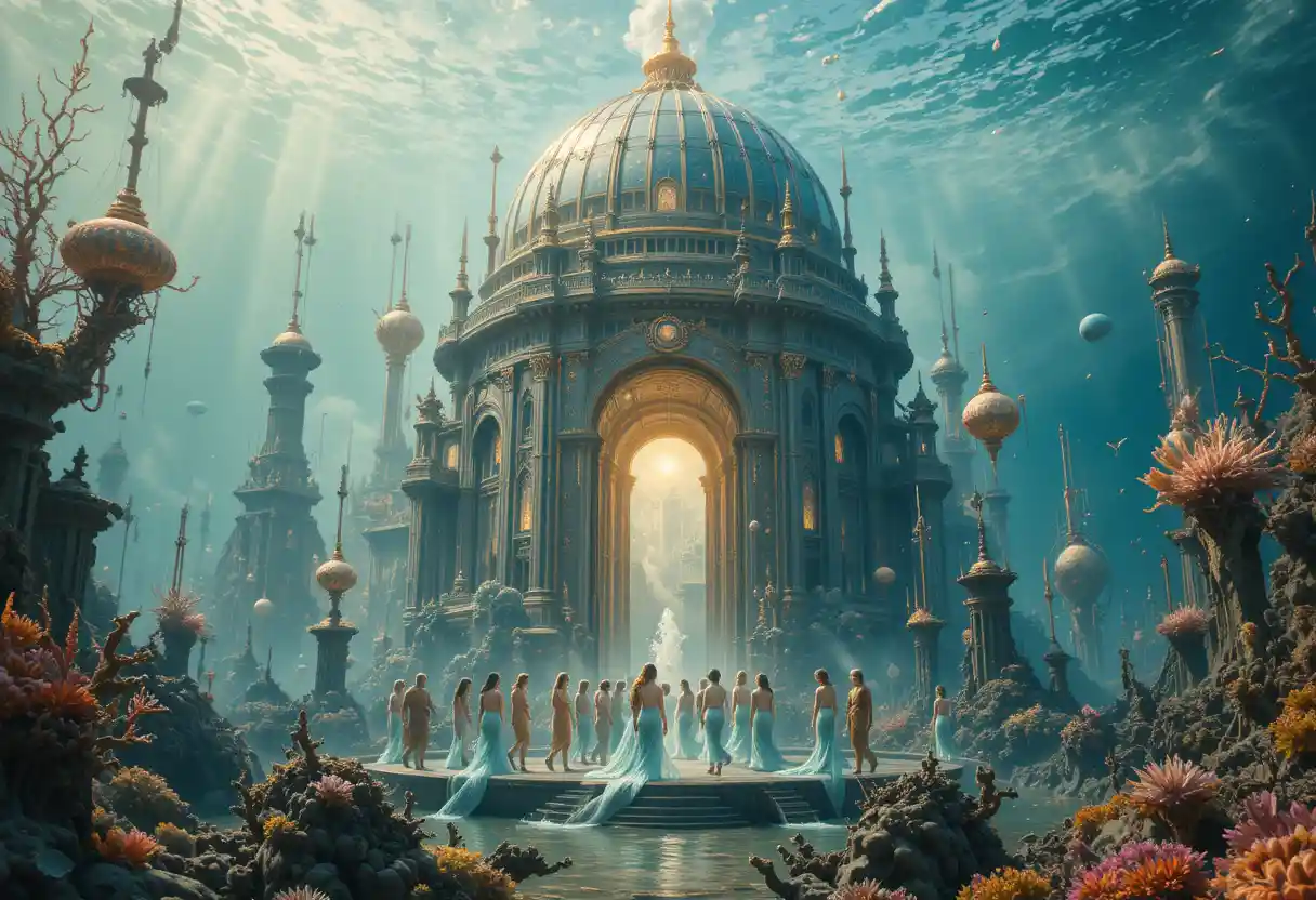 Città sottomarina fantastica dove si riuniscono sirene e umani