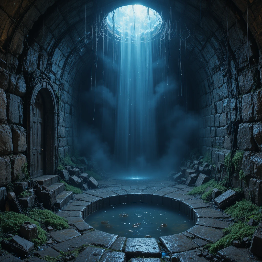 Abandoned medieval dungeon with chains and rotting torture bench